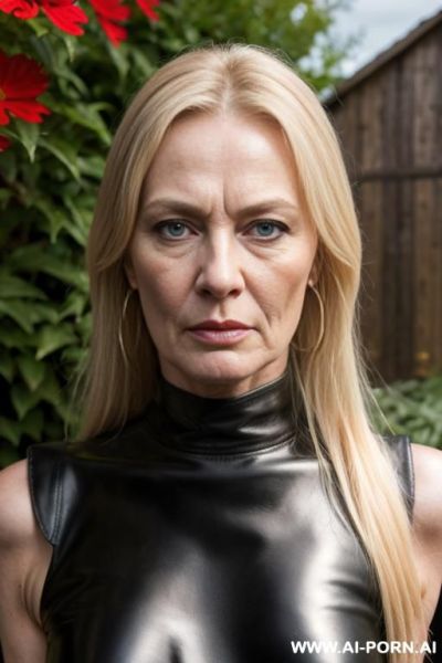 Milf, matte black leather pants, belt, oxford shoes, viking helmet, face close up, ((garden backyard)), ((without makeup)), large nipples, point with finger - ai-porn.ai on pornintellect.com