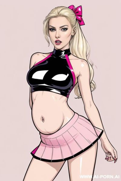 (((image comic-drawing modern style)))!!! ((keep face)), perfect woman, pretty face, pregnant, lactating white skin, blond hair, and pregnant model with shiny black and latex catsuit revealing tits and - ai-porn.ai on pornintellect.com
