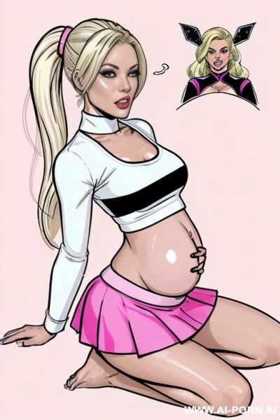 (((image comic-drawing modern style)))!!! ((keep face)), perfect woman, pretty face, bimbo cheerleader, blonde bimbo, pregnant, lactating white skin, blond hair, and pregnant model with shiny black and - ai-porn.ai on pornintellect.com