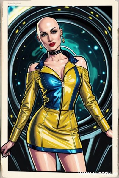 Image comic-drawing vintage style, sci-fi, atompunk, slender body in the sci-fi city, sci-fi yellow jacket, image comic-drawing vintage style, fantasy arab dress, sci-fi cap, in white background, image comic-drawing vintage style - ai-porn.ai on pornintellect.com