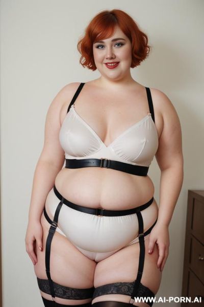 White woman, rotund body, huge, supermodel, pear shaped, lovehandless, obese, tummy, short hair, huge legs, massive hips, high rise (garter belt stockings), eye contact, huge arms - ai-porn.ai on pornintellect.com