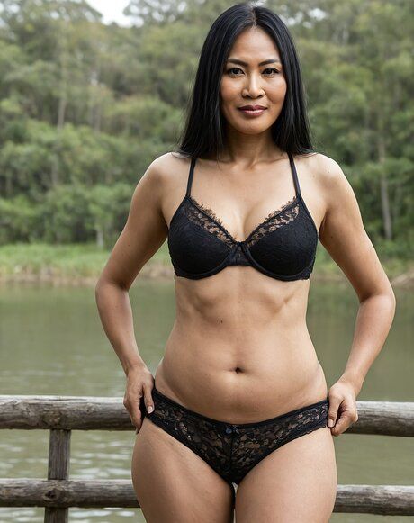 Dark-haired Asian mature woman gets completely naked near a body of water - pornpics.com on pornintellect.com