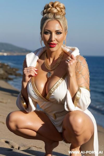 A beautiful, luxurious, sexy, and attractive mature woman (milf) portraying an ancient russian goddess; wearing a layered rhinestone chest chain, bra chain, and body elry. - ai-porn.ai - Russia on pornintellect.com