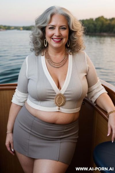 Mature, gilf, perfect hourglass figure, eye contact, looking into camera, necklace, earrings, bracelets, wearing flowers, totally naked, full panties and bra. - ai-porn.ai on pornintellect.com
