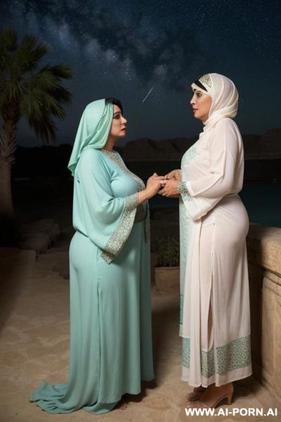 Ancient arabian fifty years old chubby queen in agreen kaftan is checking a full naked chubby devote submissive female with shaved vagina under the stars - ai-porn.ai on pornintellect.com