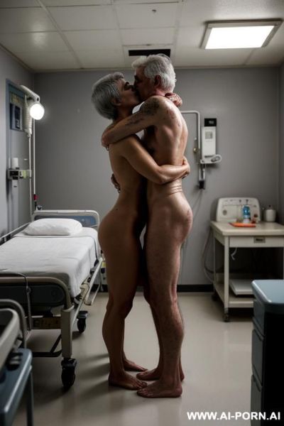 ((very old mature saggy wrinkled submissive grandma hugging and kissing superior misogynistic muscular thirty year old bald man)) ((completely nude barefoot)) ((man standing on floor hugging and - ai-porn.ai on pornintellect.com