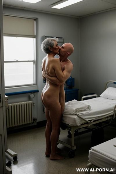 ((very old mature shameless submissive grandma hugging and kissing superior dominant misogynistic muscular thirty year old bald man)) ((completely nude barefoot)) ((man standing on floor hugging and - ai-porn.ai on pornintellect.com