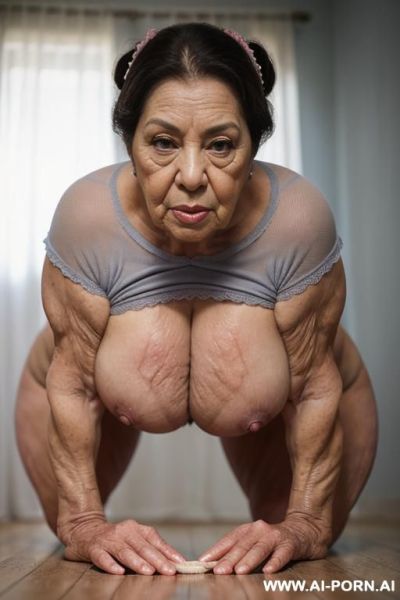 ((very old mature wrinkly shameless submissive latina grandma hugging and kissing on the lips on thirty year old dominant misogynistic muscular stud man)) ((completely nude barefoot)) ((man standing - ai-porn.ai on pornintellect.com