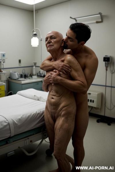((very old mature wrinkly shameless submissive latina grandma hugging and kissing on the lips on thirty year old dominant misogynistic muscular bald man)) ((completely nude barefoot)) ((man standing - ai-porn.ai on pornintellect.com