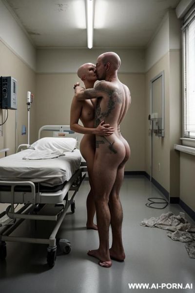 ((very old mature saggy wrinkled submissive grandma hugging and kissing superior misogynistic muscular thirty year old bald man)) ((completely nude barefoot)) ((man standing on floor hugging and - ai-porn.ai on pornintellect.com