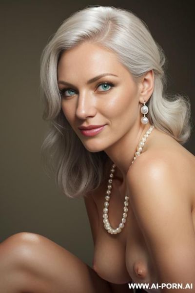 Create a close-up portrait of a woman with long, wavy light-brown hair, wearing a purple beaded necklace with white accents and pearl earrings. she should have a subtle smile, green-blue eyes, - ai-porn.ai on pornintellect.com
