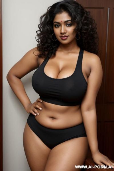 Thick curly hair indian woman in tank top with big boobs and body. slightly darker skin tone - ai-porn.ai - India on pornintellect.com