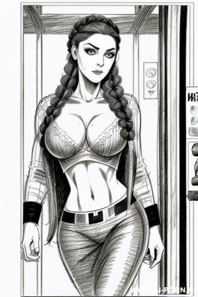 ((((mediun body shot)))) ((((image comic-drawing pencil style)))) down level shot boobs close up ((((into elevator)))) ((((security guard)))) ((((walking sexy pose)))) ((((looking at the horizon)))) ((((big - ai-porn.ai - Italy on pornintellect.com