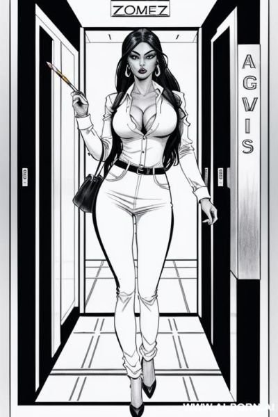 ((((horizonte gaze)))) ((((image comic-drawing pencil style)))) down level shot ((((exiting elevator)))) ((((security guard)))) ((((walking)))) ((((big eyes)))) pretty italian woman full red lips, huge smile, - ai-porn.ai - Italy on pornintellect.com