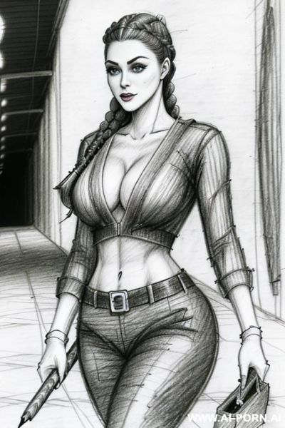 ((((mediun body shot)))) ((((image comic-drawing pencil style)))) down level shot boobs close up ((((landscape underground parking )))) ((((security guard)))) ((((walking sexy pose)))) ((((looking at the - ai-porn.ai - Italy on pornintellect.com