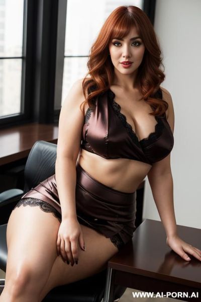 Long copper shimmer wavy fringe, 2, chinese, narrow eyes, pointy nose, angular face, high cheekbokes, ((heavy large perky hanging breasts)), no cleavage, seductive sexy smile, dimples, fit bbw - ai-porn.ai - China on pornintellect.com