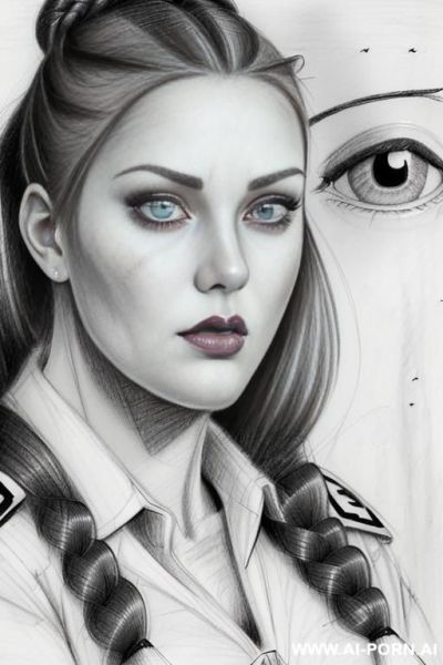 ((((image comic-drawing pencil style)))) up level shot ((((face close up)))) ((((front face)))) ((((security guard)))) ((((huge eyes)))) ((((very very open eyes)))) pretty italian woman full red lips, - ai-porn.ai - Italy on pornintellect.com