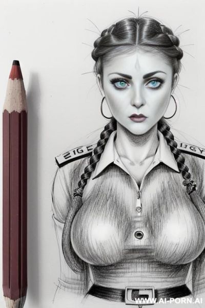((((image comic-drawing pencil style)))) up level shot ((((front face)))) ((((security guard)))) ((((big eyes)))) pretty italian woman full red lips, ((((shocked)))) , muscle fit , long-sleeved shirt - ai-porn.ai - Italy on pornintellect.com