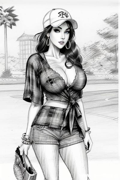 ((((image comic-drawing pencil style))) (((full body shot))), (at the sunset) (oíl skin body) , (hoop earrings), long, thick, brunette pixie haircut, (sexy slut), (((most beautiful woman ever))), (in - ai-porn.ai on pornintellect.com