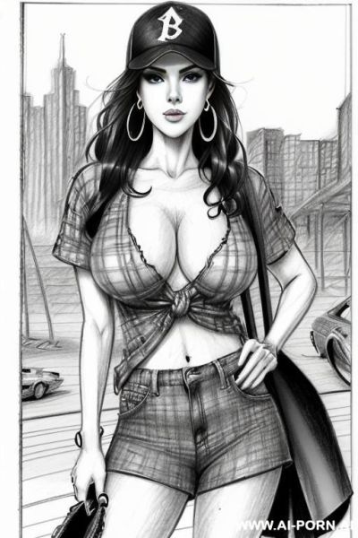 ((((image comic-drawing pencil style))) (((full body shot))), (at the sunset) (oíl skin body) , (hoop earrings), long, chuby, brunette pixie haircut, (sexy slut), (((most beautiful woman ever))), - ai-porn.ai on pornintellect.com
