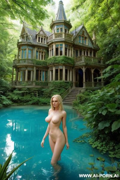 Nude naked sexy blonde in fantasy overgrown intricate steampunk glass mansion beautiful garden forest azure lake summer clear blue sky - ai-porn.ai on pornintellect.com