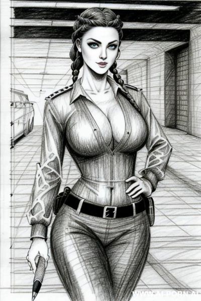 ((((mediun body shot)))) ((((image comic-drawing pencil style)))) down level shot boobs close up ((((landscape underground parking )))) ((((security guard)))) ((((walking sexy pose)))) ((((looking at the - ai-porn.ai - Italy on pornintellect.com