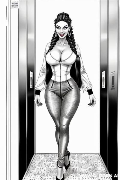 ((((body shot)))) ((((horizonte gaze)))) ((((image comic-drawing pencil style)))) down level shot ((((exiting elevator)))) ((((security guard)))) ((((walking)))) ((((big eyes)))) pretty italian woman full red - ai-porn.ai - Italy on pornintellect.com