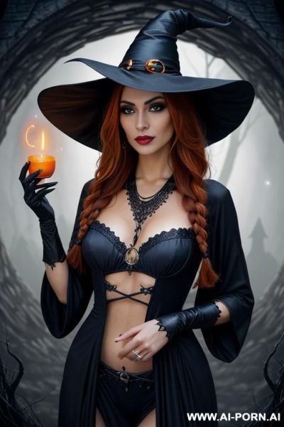 Sexy witch (front view) ((keep face)) bombshell, wide hips, muscular thighs (beautiful sexy face) alluring smile (eye contact) finely detail, highly detailed face, highly detailed eyes, sexy eyes, - ai-porn.ai on pornintellect.com