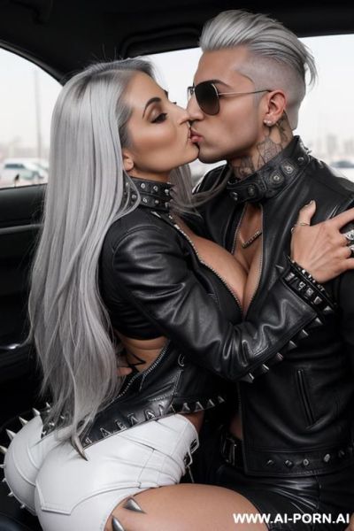 ((((arab rap gilf hugging and kissing a very handsome twenty year old muscular punk man on the lips)))) (((((((gigantic tits))))))) and (((long white hair))), (((makeup))) , (((tight spiked studded - ai-porn.ai on pornintellect.com