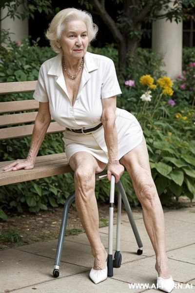 Very old woman, sagging skin, very old body, very older woman leaning on a cane in the hospital garden - ai-porn.ai on pornintellect.com