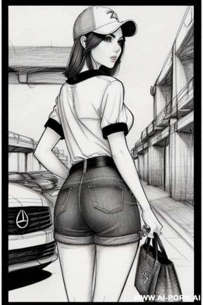 Landscape a under ground parking , (((image comic-drawing pencil style))) (((medium body shot))) long, chuby, (((confused))) brunette pixie haircut (sexy slut) (from behind) (((in the underground - ai-porn.ai on pornintellect.com
