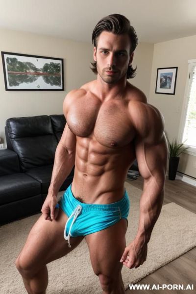 Handsome hunk man, fit build, brunnette hair, gigantic erect dick, - ai-porn.ai on pornintellect.com