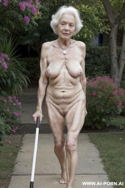 Totally naked very older woman, sagging skin, very old body, a very old woman walking with a cane in the hospital garden, very sagging skin. show pinc sagging pussy. - ai-porn.ai on pornintellect.com