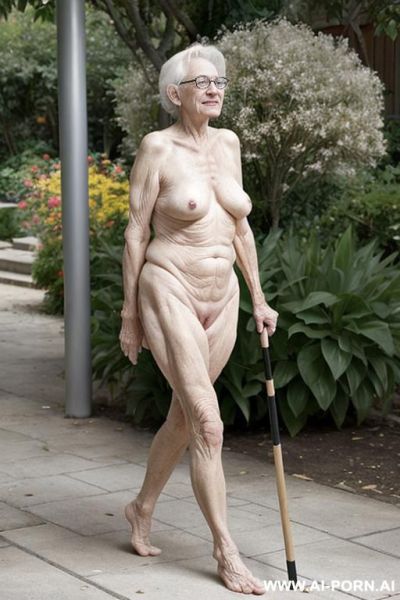Totally naked very older woman, sagging skin, very old body, a very old woman walking with a cane in the hospital garden, very sagging skin. - ai-porn.ai on pornintellect.com