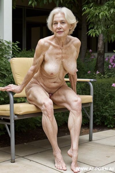 Totally naked very older woman, sagging skin, very old body, very older woman leaning on a cane in the hospital garden, very sagging skin. - ai-porn.ai on pornintellect.com
