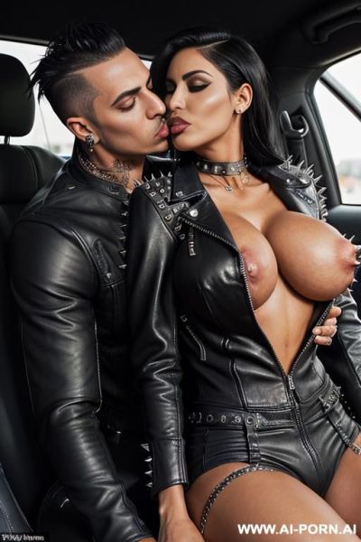 ((((arab rap milf hugging and kissing a very handsome twenty year old muscular punk man on the lips)))) (((((((gigantic tits))))))) and (((long hair))), (((makeup))) , (((tight spiked studded black - ai-porn.ai on pornintellect.com