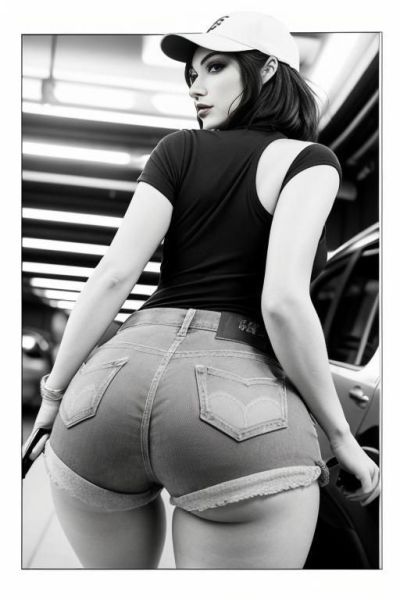 Landscape a under ground parking , (((image comic-drawing pencil style))) (((close up tigth ass shot))) long, chuby, (((confused))) brunette pixie haircut (sexy slut) (from behind) (((in the - ai-porn.ai on pornintellect.com