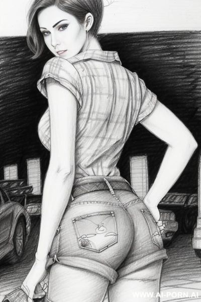 ((((landscape a under ground parking)))) (((image comic-drawing pencil style))) (((close up ass shot))) brunette pixie haircut (sexy slut) (from behind) (walking sexy) (short-sleeved shirt with a knot - ai-porn.ai on pornintellect.com