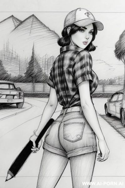 ((((landscape a under ground parking)))) , (((image comic-drawing pencil style))) (((close up ass shot))) brunette pixie haircut (sexy slut) (from behind) (walking sexy) (short-sleeved shirt with a - ai-porn.ai on pornintellect.com
