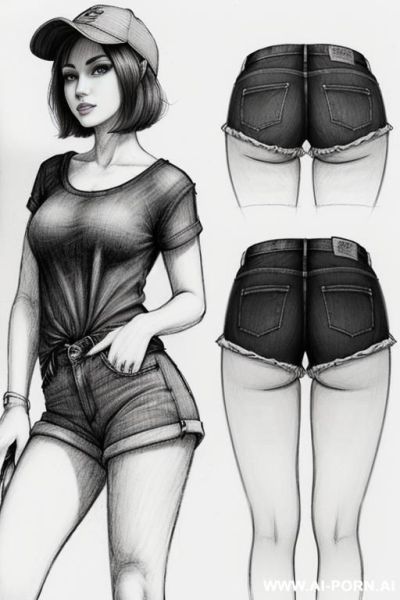 Landscape a under ground parking , (((image comic-drawing pencil style))) (((close up ass shot))) brunette pixie haircut (sexy slut) (from behind) (walking sexy) (short-sleeved shirt with a knot at - ai-porn.ai on pornintellect.com