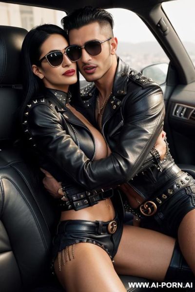 ((((arab milf hugging a very handsome muscular twenty year old man)))) with ((((((gigantic tits)))))) and ((long hair)), ((((makeup)))) , (((tight spiked studded black gucci leather jacket))) (((tight - ai-porn.ai on pornintellect.com