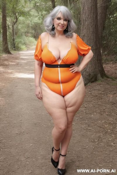 Old old sexy curvy bbw old granny, tight top, extremely pretty, full lips, button nose, hoop earrings, busty round boobs, hourglass figure, tight waist. big round ass in a dress. old women walking in the woods camping. - ai-porn.ai on pornintellect.com