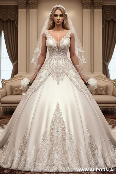 Blonde sexy woman, face very beautiful, wrapped chest deep v neck plunge dress - ai-porn.ai on pornintellect.com