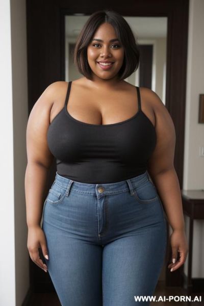Black woman, rotund body, huge, supermodel, pear shaped, long hair, huge legs, massive hips, high rise jeans, eye contact - ai-porn.ai on pornintellect.com