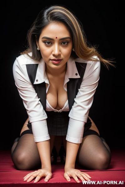 Ancient indian fifty years old black haired chubby queen in a traditional sari from behind inspects a chubby full naked fifty years old black haired submissive female with shaved vagina - ai-porn.ai - India on pornintellect.com