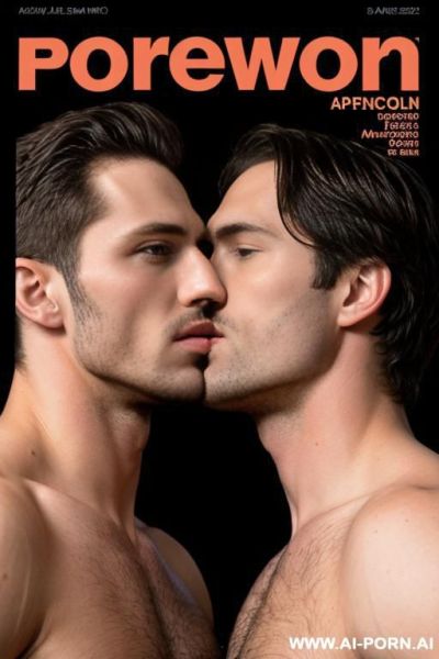 Porno magazine cover: two completely naked athletic men with a very large penis in an erect state. show a very large penis in an erect state. kissing each other - ai-porn.ai on pornintellect.com
