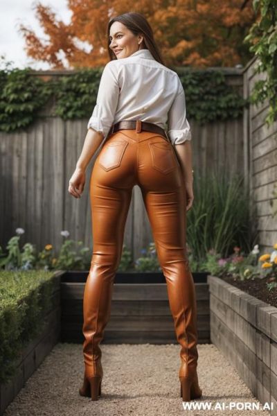 Beauty, orange leather pants, belt, brown ridding flats long boots, ((view form the ground)), ((extra low angle)), lean twerking, spread butt, ((full body view)), from behind, ((extra zoom on ass)), ((garden backyard)), without makeup - ai-porn.ai on pornintellect.com