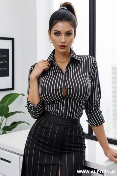 ((striped office shirt)), black skirt, big tits ((fully clothed)) - ai-porn.ai on pornintellect.com