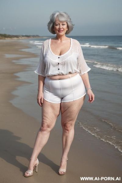 Social old sexy plump gilf. tight top, extremely pretty, full lips, button nose, hoop earrings, busty round boobs, hourglass figure, tight waist. t shirt and short shorts. - ai-porn.ai on pornintellect.com