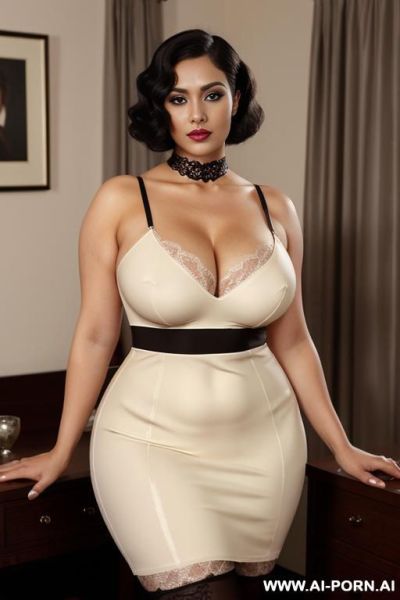 Long black finger waves, persian, narrow eyes, pointy nose, high cheekbokes, ((heavy perky hanging breasts)), no cleavage, seductive sexy grin, dimples, fit bbw voluptuous hourglass figure, big full - ai-porn.ai - Iran on pornintellect.com